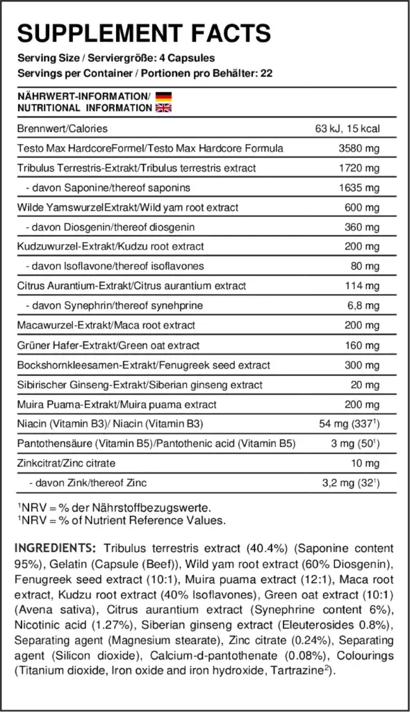 Nutritional Facts- Maximize Nutrition Testo max