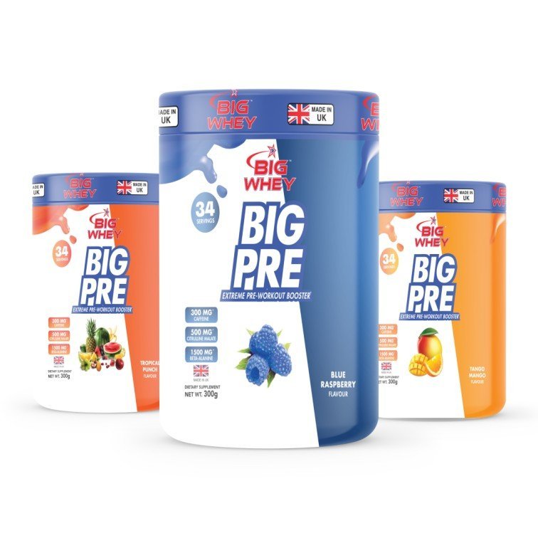 Big Whey Big Pre pre-workout supplement, different flavours
