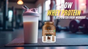 Whey protein shake and supplement in gym.